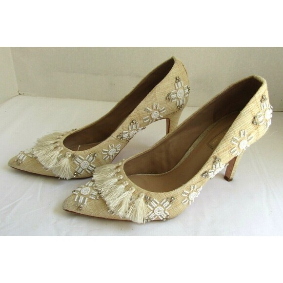 Antonio Melani Heels Beaded Rhinestones Tasseled Tan Shoes Womans Size 9.5 M - Picture 5 of 10